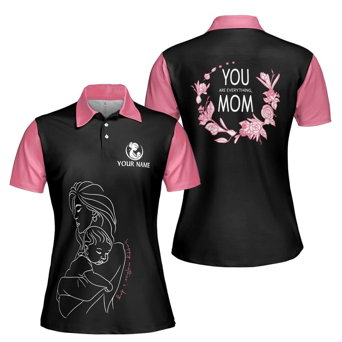 Customize Name You Are Everything Mom Floral Pattern Black Pink Women's Polo Shirt (S-5XL)