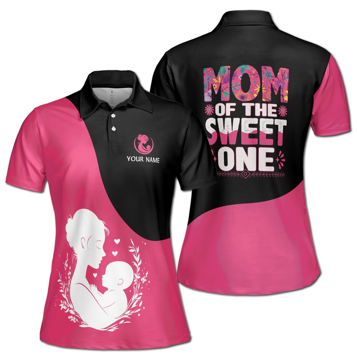 Customize Name Mom of The Sweet One Floral Pattern Black Pink Women's Polo Shirt (S-5XL)