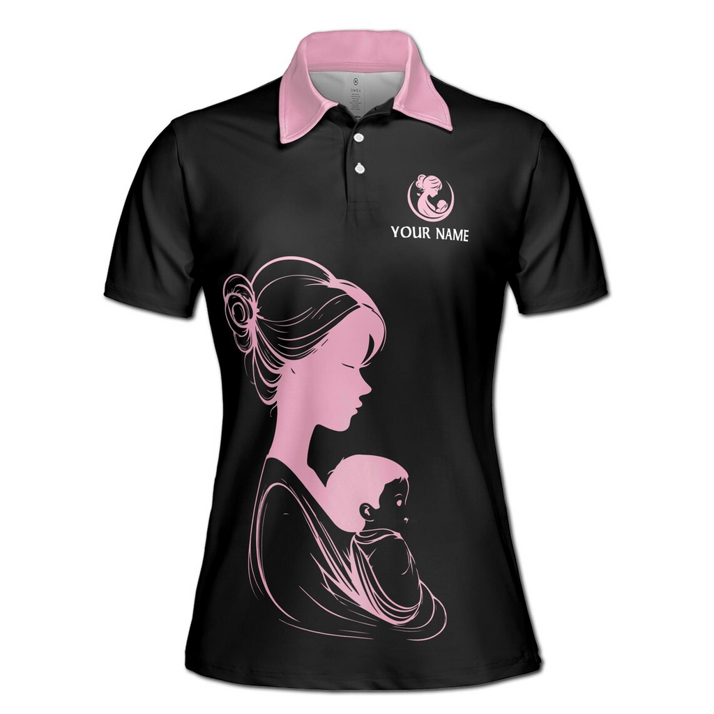 Customize Name My First Day As A Mom Heart Black Women's Polo Shirt (S-5XL)