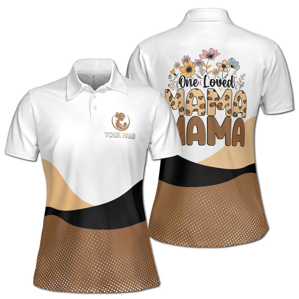 Customize Name One Loved Mama Floral Dots Pattern White Brown Women's Polo Shirt (S-5XL)