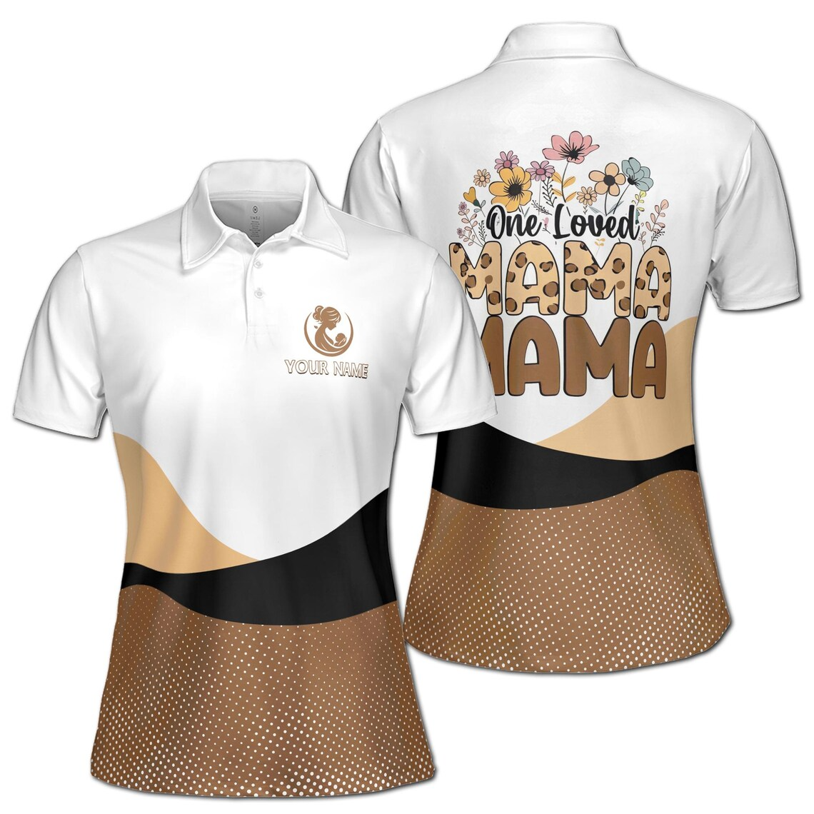 Customize Name One Loved Mama Floral Dots Pattern White Brown Women's Polo Shirt (S-5XL)
