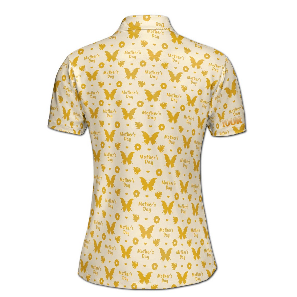 Customize Name Mom Floral Heart Leaves Butterflies Pattern Yellow Women's Polo Shirt (S-5XL)