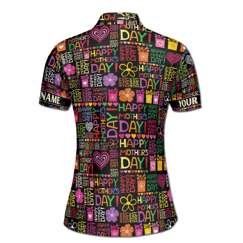 Customize Name Happy Mom Floral Heart Presents Pattern Black Colorful Women's Polo Shirt (S-5XL)