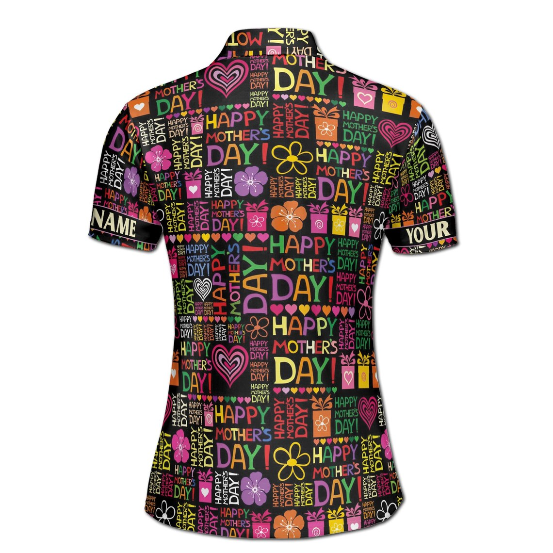 Customize Name Happy Mom Floral Heart Presents Pattern Black Colorful Women's Polo Shirt (S-5XL)