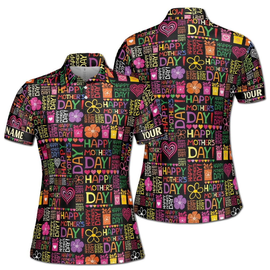 Customize Name Happy Mom Floral Heart Presents Pattern Black Colorful Women's Polo Shirt (S-5XL)