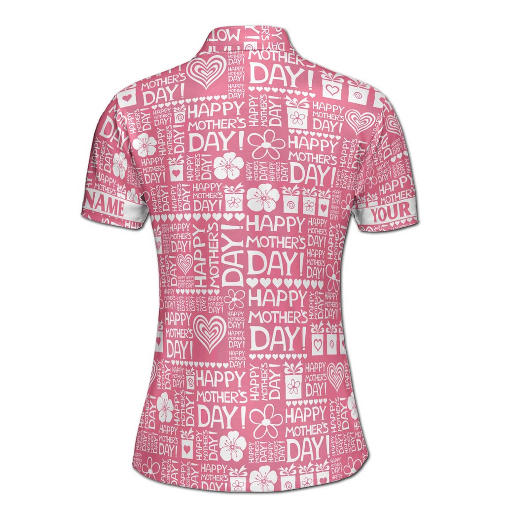 Customize Name Happy Mom Floral Heart Presents Pattern Pink White Women's Polo Shirt (S-5XL)