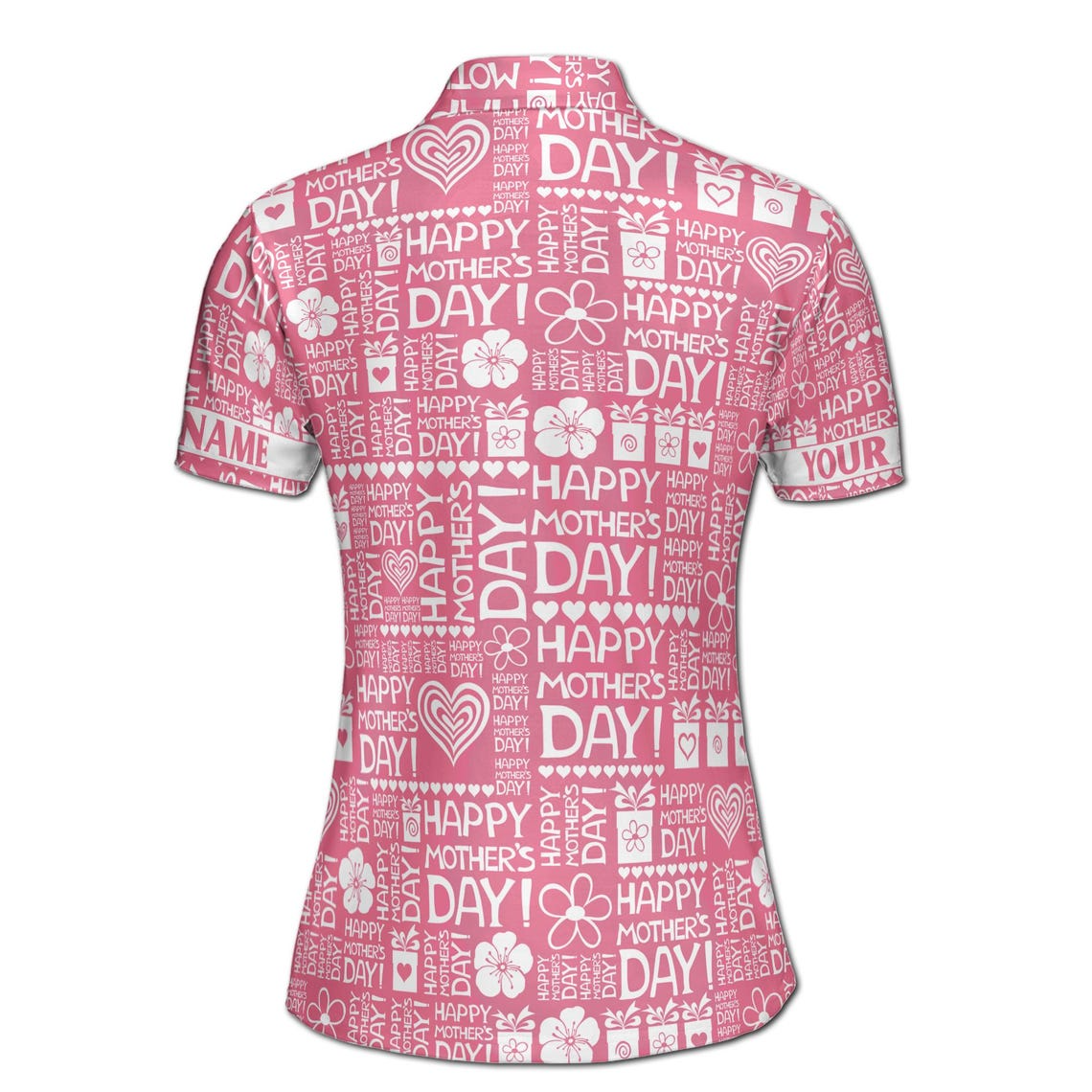 Customize Name Happy Mom Floral Heart Presents Pattern Pink White Women's Polo Shirt (S-5XL)