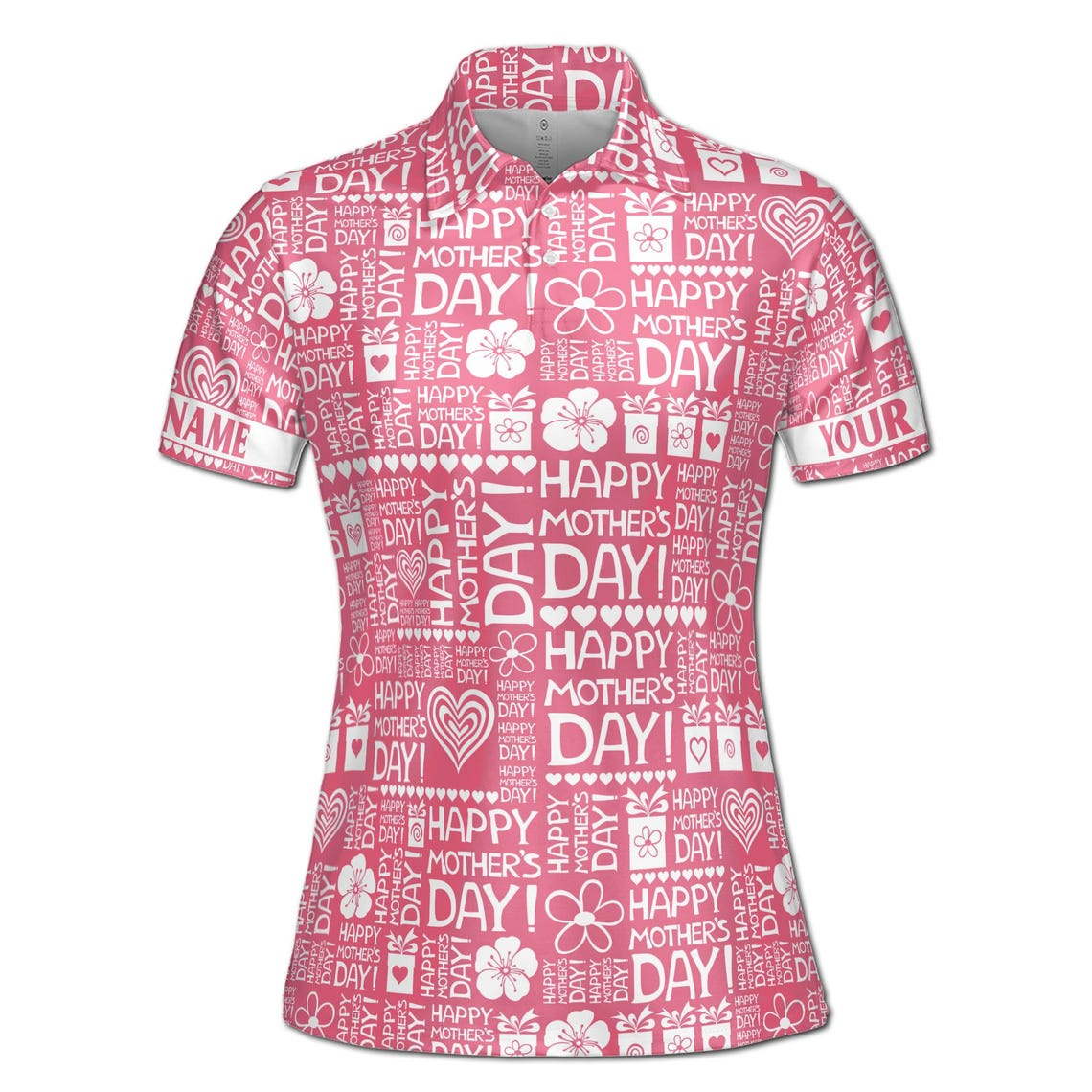 Customize Name Happy Mom Floral Heart Presents Pattern Pink White Women's Polo Shirt (S-5XL)