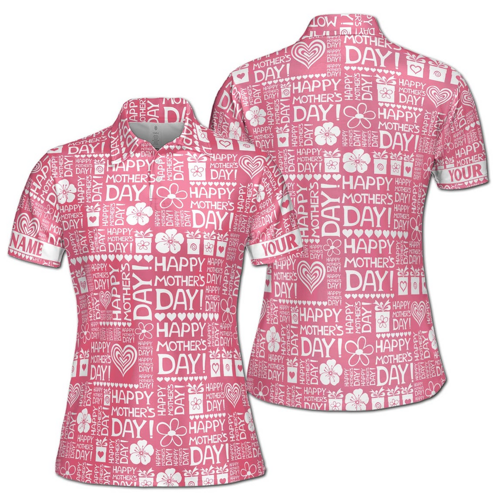 Customize Name Happy Mom Floral Heart Presents Pattern Pink White Women's Polo Shirt (S-5XL)