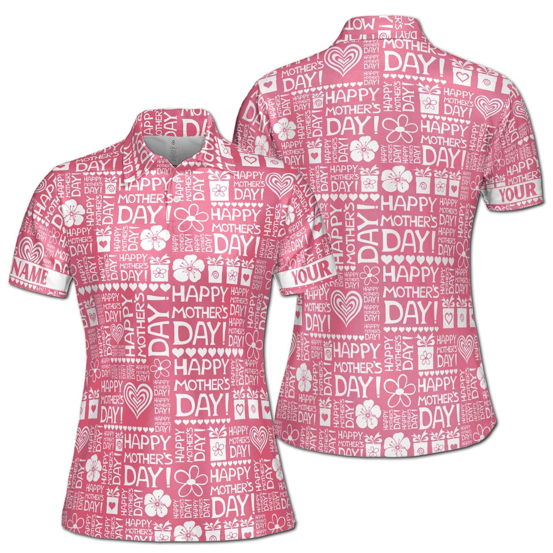 Customize Name Happy Mom Floral Heart Presents Pattern Pink White Women's Polo Shirt (S-5XL)