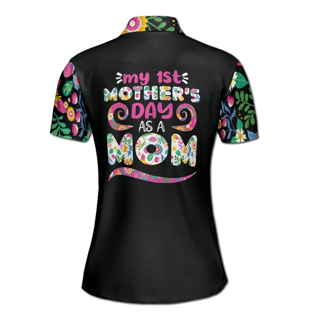 Customize Name First As A Mom Floral Pattern Black Colorful Women's Polo Shirt (S-5XL)