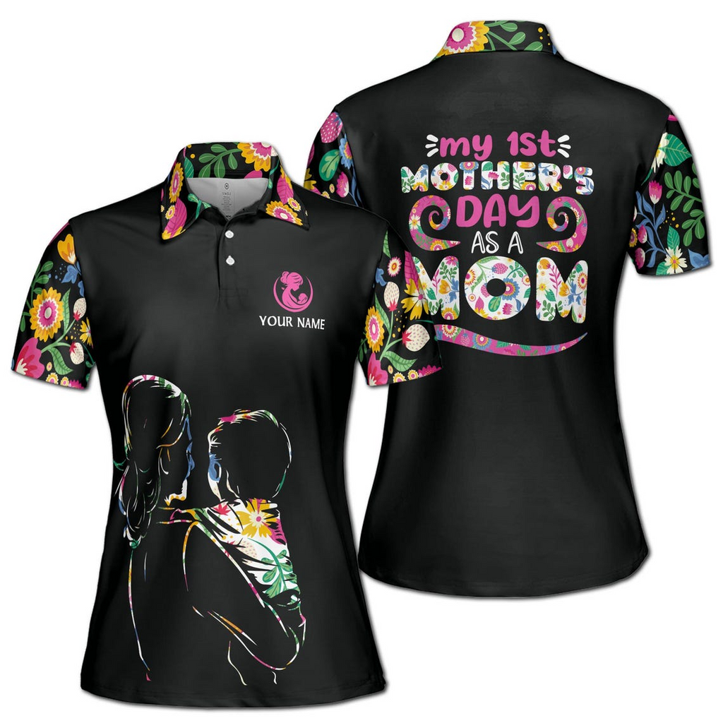 Customize Name First As A Mom Floral Pattern Black Colorful Women's Polo Shirt (S-5XL)
