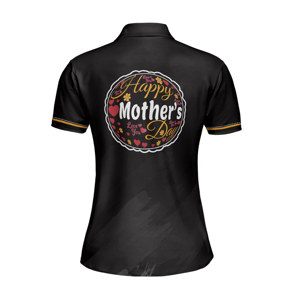 Customize Name Happy Mom Baby Floral Hearts Pattern Black Women's Polo Shirt (S-5XL)