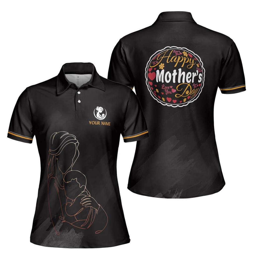 Customize Name Happy Mom Baby Floral Hearts Pattern Black Women's Polo Shirt (S-5XL)