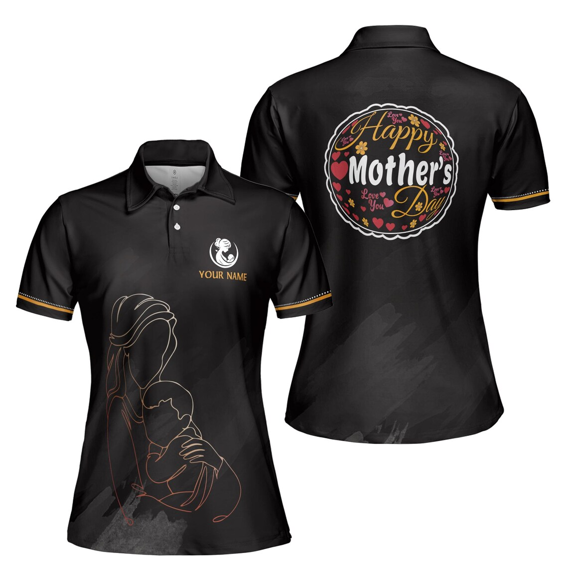 Customize Name Happy Mom Baby Floral Hearts Pattern Black Women's Polo Shirt (S-5XL)