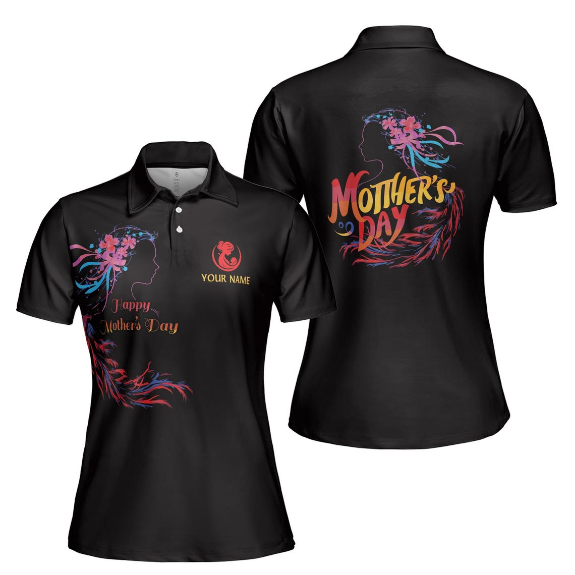 Customize Name Mother Baby Floral Woman Black Women's Polo Shirt (S-5XL)