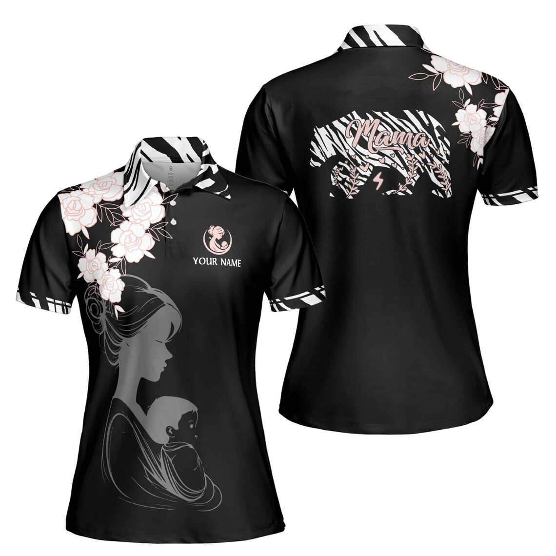 Customize Name Mama Bear Baby Floral Pattern Black Women's Polo Shirt (S-5XL)