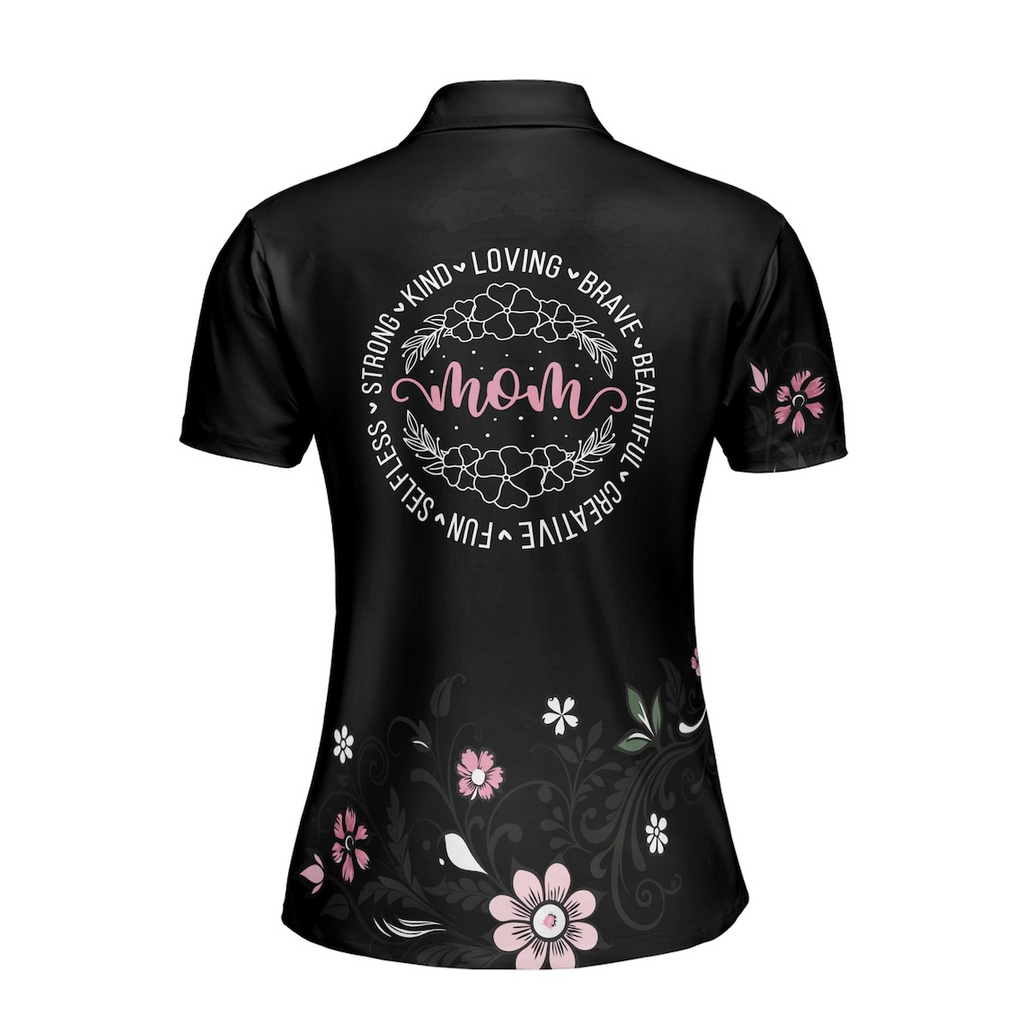 Customize Name Mom Adjectives Floral Pattern Black Women's Polo Shirt (S-5XL)