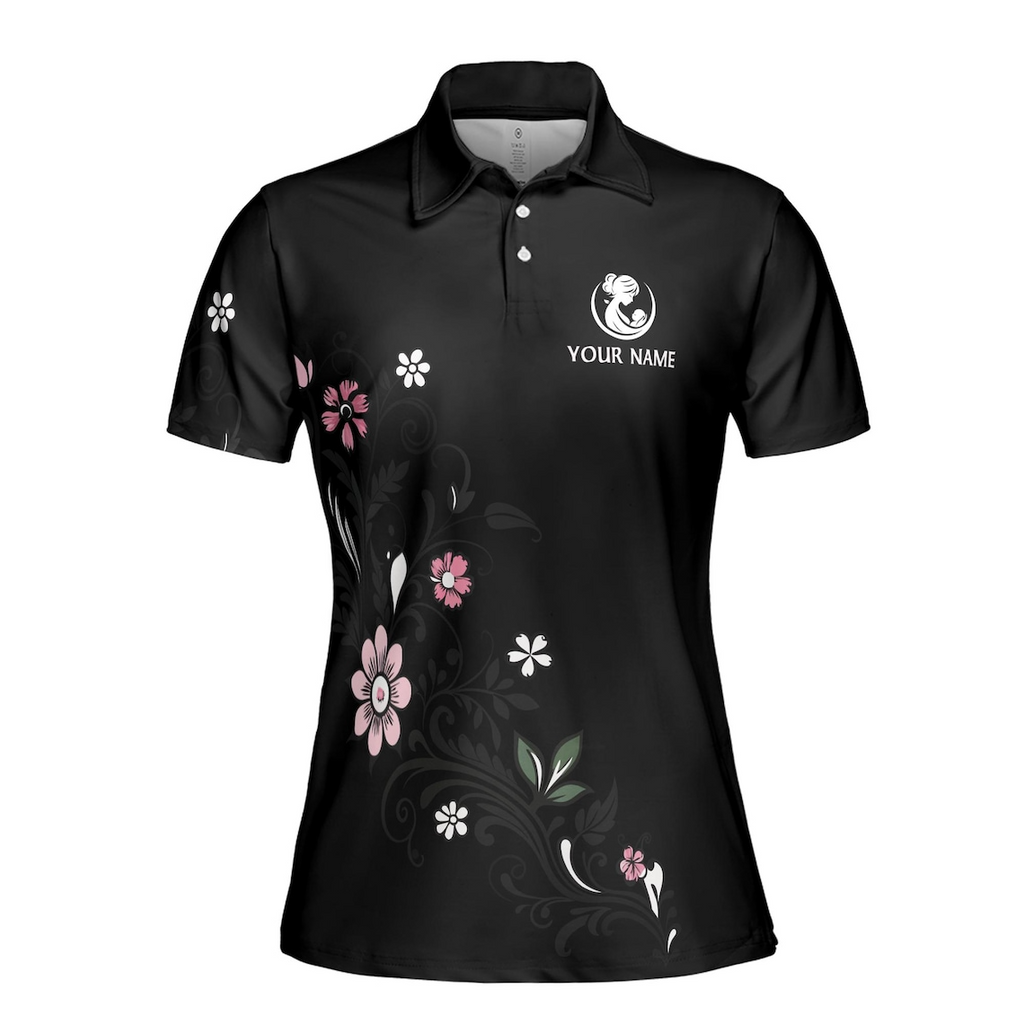 Customize Name Mom Adjectives Floral Pattern Black Women's Polo Shirt (S-5XL)