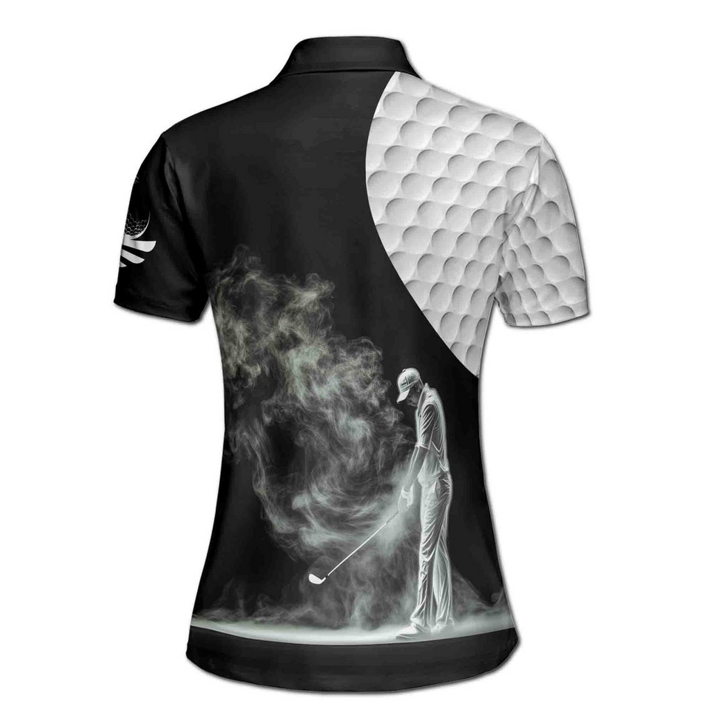 Customize Name Golf Ball Golfer Smoke Silhouette Black White Women's Polo Shirt (S-5XL)