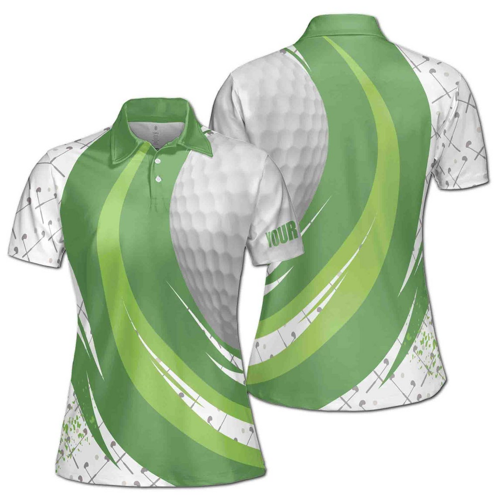 Customize Name Golf Ball Club Pattern White Green Women's Polo Shirt (S-5XL)