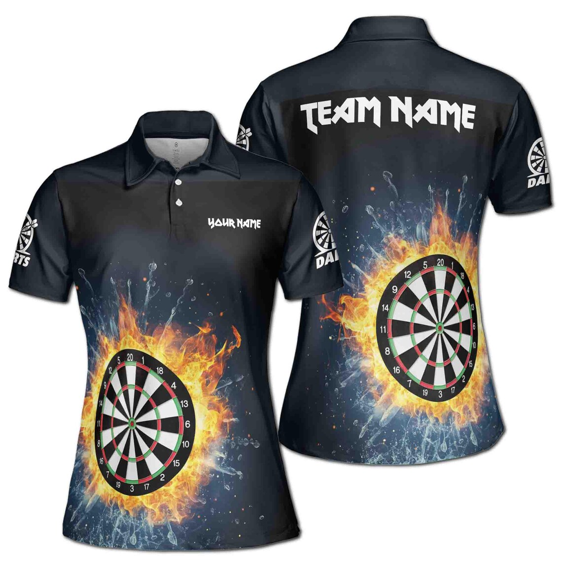 Customize Name Darts Board Fire Water Black Women's Polo Shirt (S-5XL)