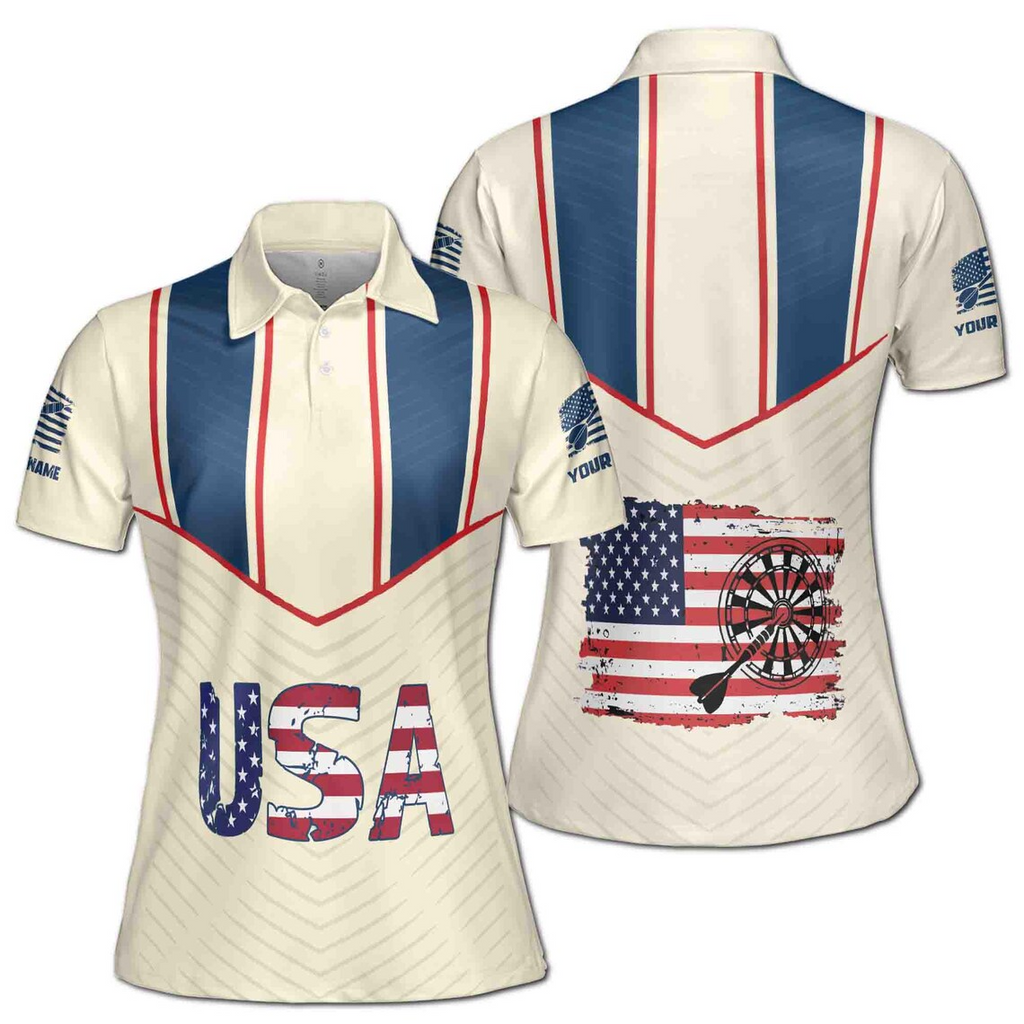 Customize Name Darts Board USA Flag Cream Women's Polo Shirt (S-5XL)