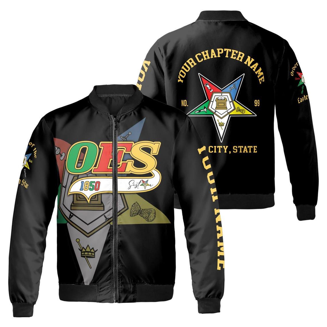 Custom Name Chapter Order of the Eastern Star OES Pentagon Up Unisex Bomber Jacket