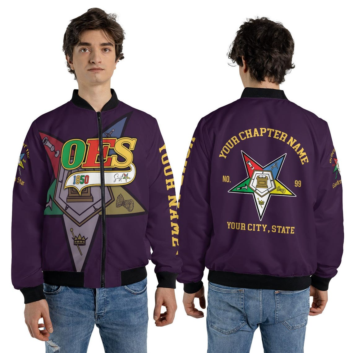 Custom Name Chapter Order of the Eastern Star OES Pentagon Up Unisex Bomber Jacket