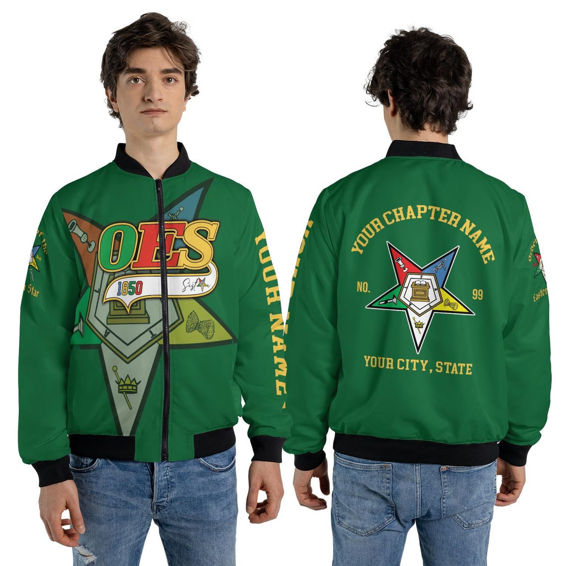 Custom Name Chapter Order of the Eastern Star OES Pentagon Up Unisex Bomber Jacket