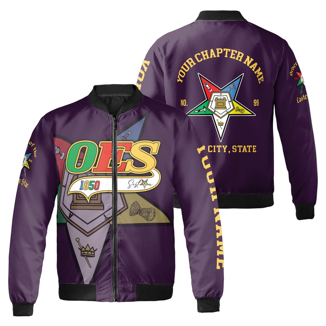 Custom Name Chapter Order of the Eastern Star OES Pentagon Up Unisex Bomber Jacket