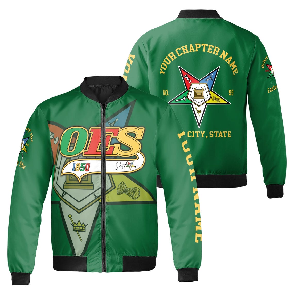 Custom Name Chapter Order of the Eastern Star OES Pentagon Up Unisex Bomber Jacket