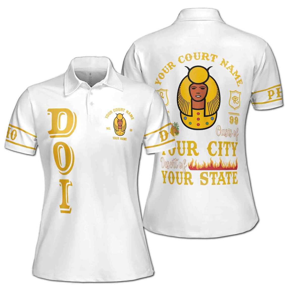 Custom Egyptian Polo Shirt, Personalized Court Name Polo, Pharaoh Egypt Design, White Gold Sports Shirt, Women's Polo Shirt (S-5XL)