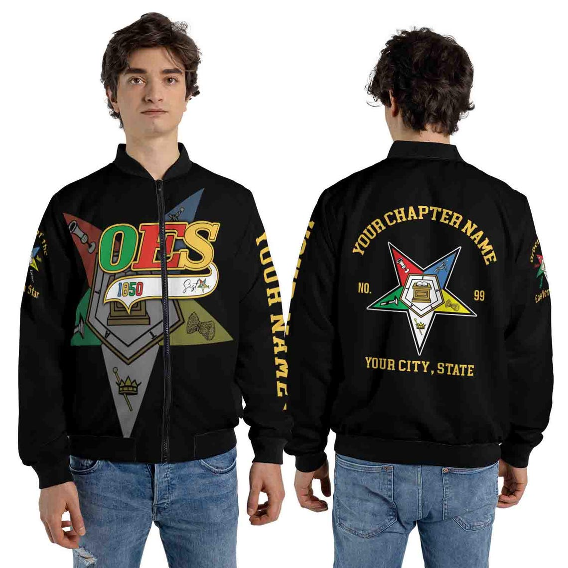 Custom Name Chapter Order of the Eastern Star OES Pentagon Up Unisex Bomber Jacket