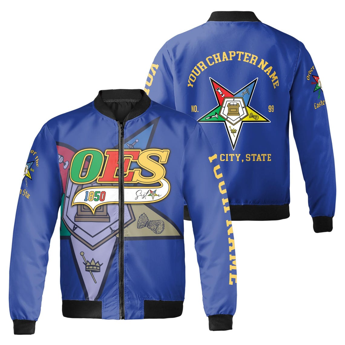 Custom Name Chapter Order of the Eastern Star OES Pentagon Up Unisex Bomber Jacket