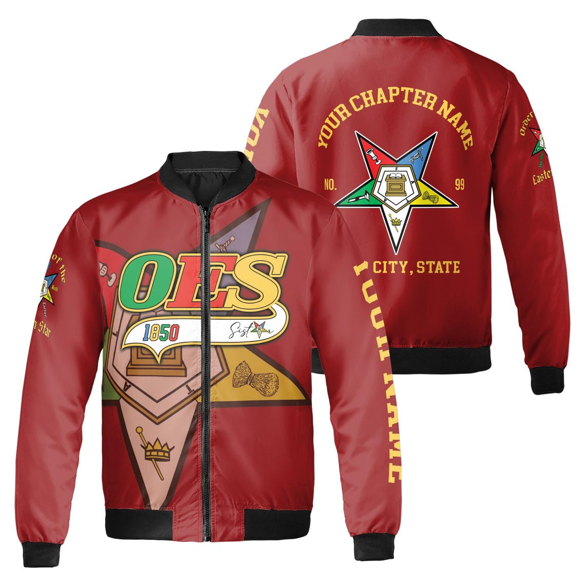 Custom Name Chapter Order of the Eastern Star OES Pentagon Up Unisex Bomber Jacket