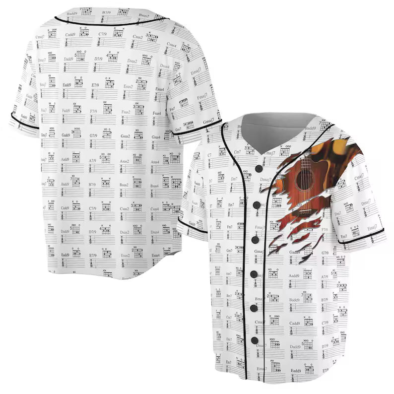 Music Lover Guitar Music Stave Baseball Jersey, 3D Baseball Jersey Shirt