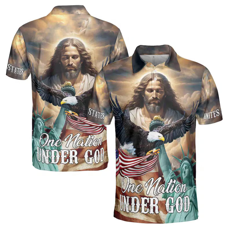 Jesus Aurole One Nation Under God America Statue of Liberty Men's Polo Shirt