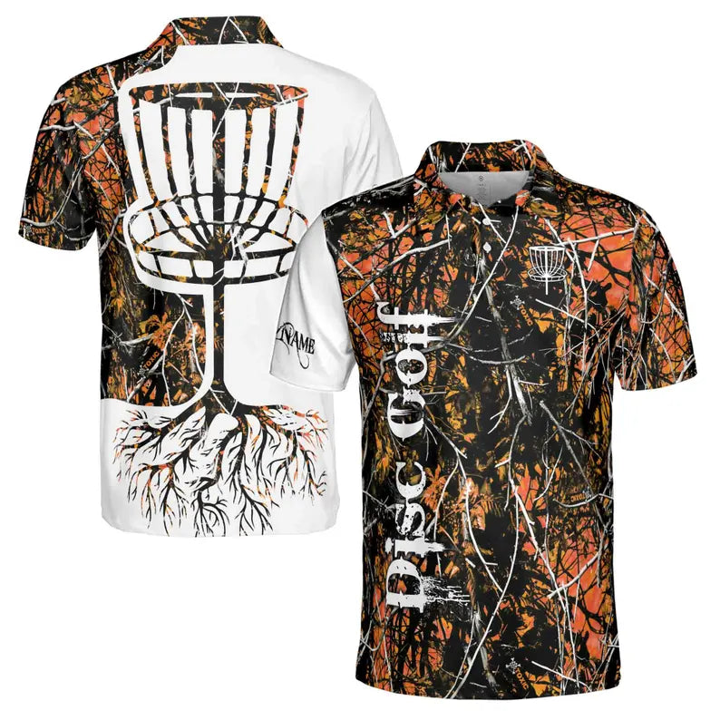 Custom Name Dark Orange Jungle Deep Heart Disc Golf Men's Polo Shirt