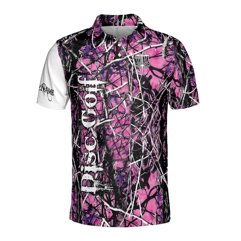 Custom Name Dark Pink Jungle Deep Heart Disc Golf Men's Polo Shirt