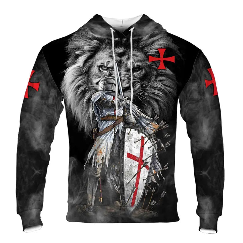 August Lion Behind Knight Templar Grunge Hoodie 3D
