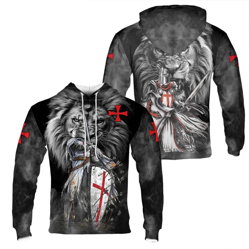 August Lion Behind Knight Templar Grunge Hoodie 3D