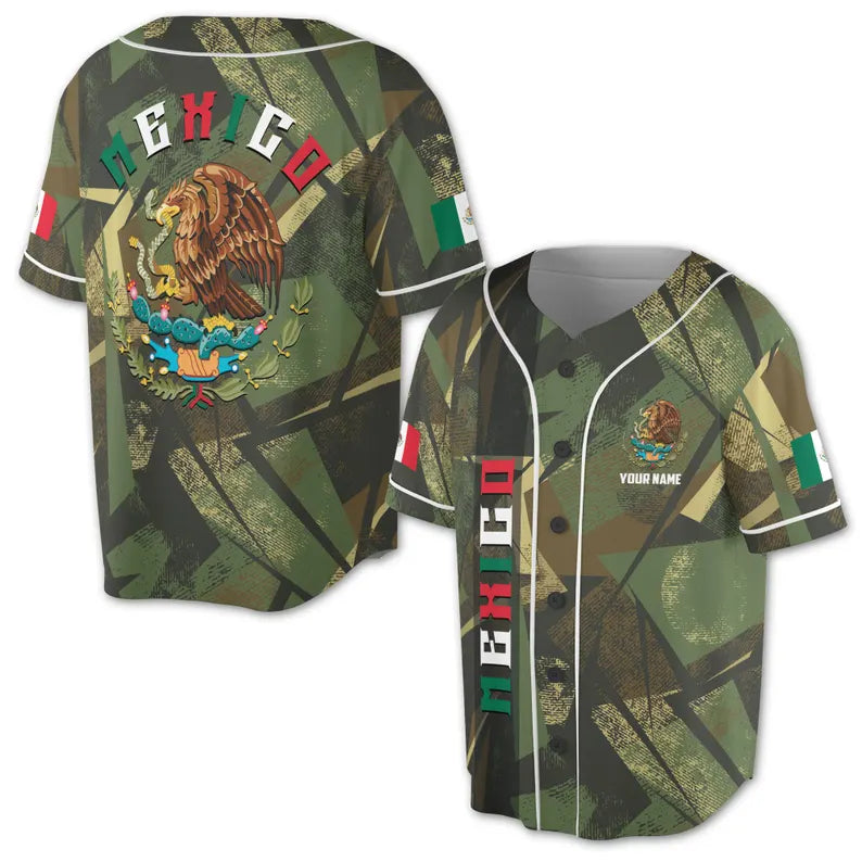 Custom Name Mexico Coat of Arms Camouflage Pattern Baseball Jersey, 3D Baseball Jersey Shirt