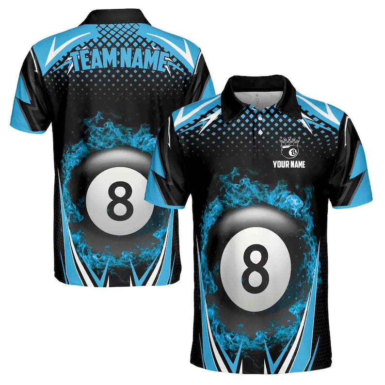 Personalized Blue Billiard Team 8 Balls On Fire Men's Polo Shirt