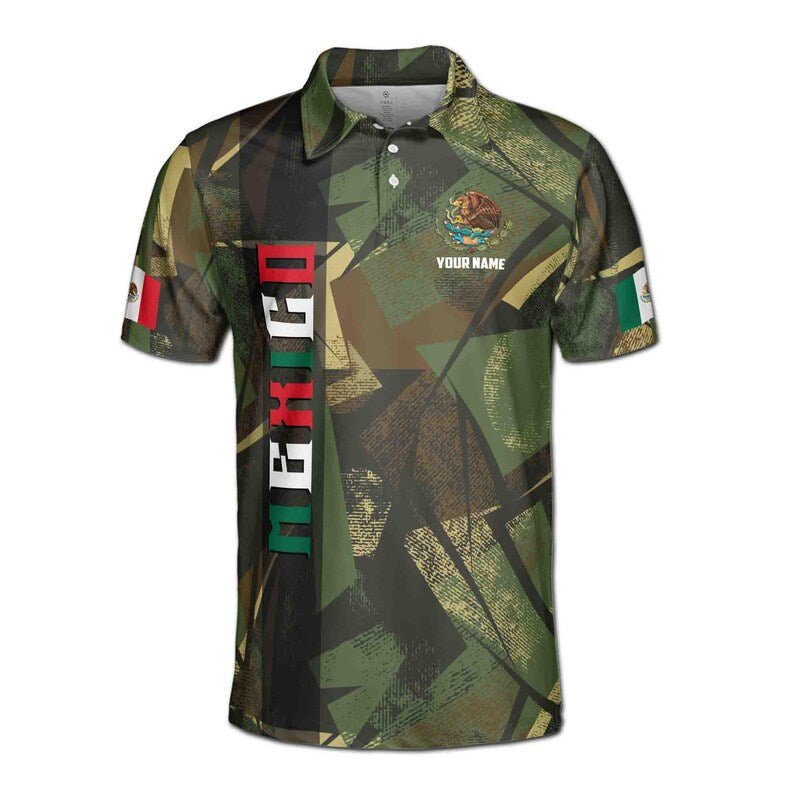 Custom Name Mexico Coat of Arms Camouflage Pattern Men's Polo Shirt