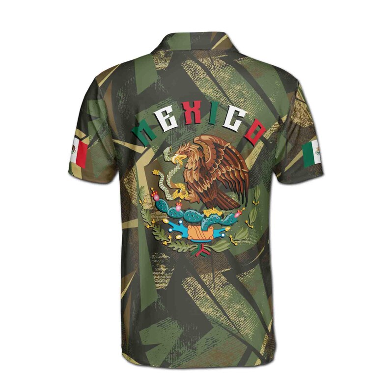 Custom Name Mexico Coat of Arms Camouflage Pattern Men's Polo Shirt