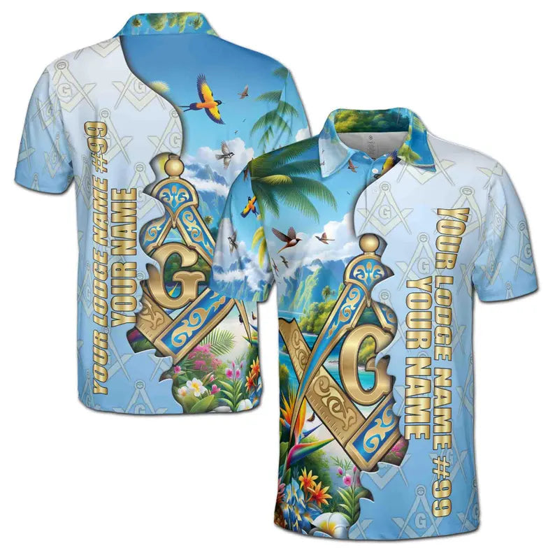 Custom Masonic Freemasonry Blue Tropical Nature Men's Polo Shirt