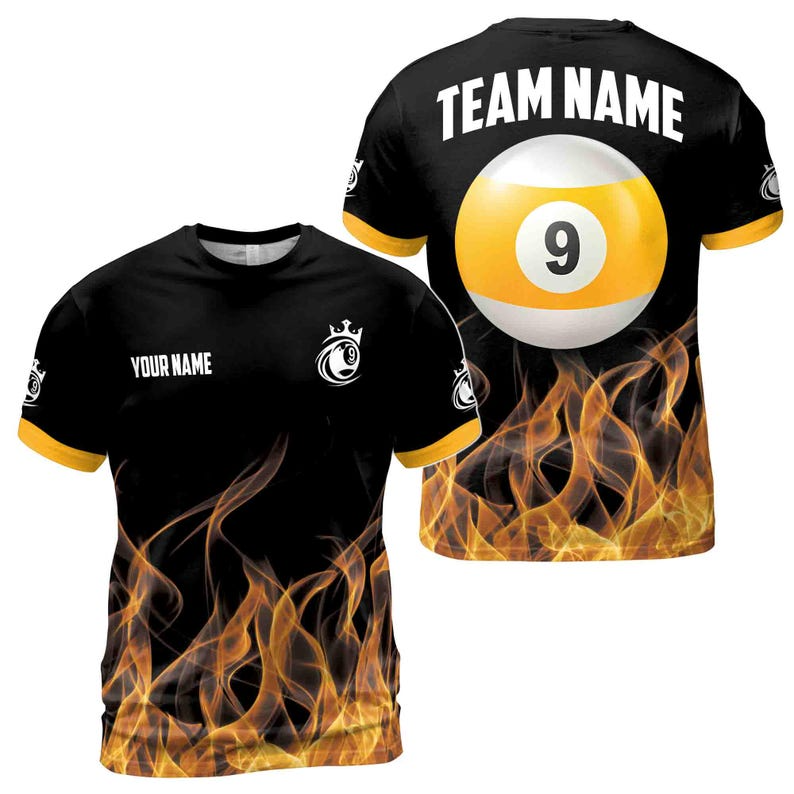 Custom Name Billiard On Flame 9 Balls Men's 3D T-shirt S-5XL