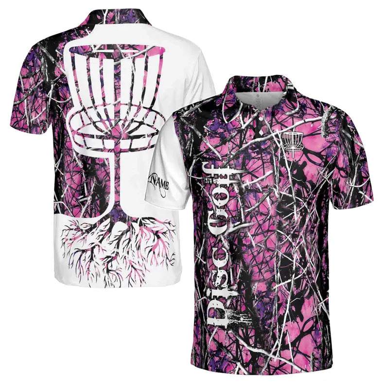 Custom Name Dark Pink Jungle Deep Heart Disc Golf Men's Polo Shirt