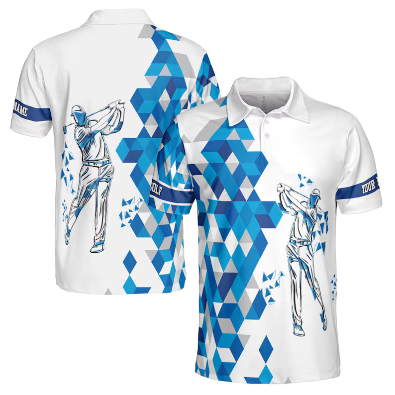 Custom Name Blue Diamond Pattern Golfer Men's Polo Shirt